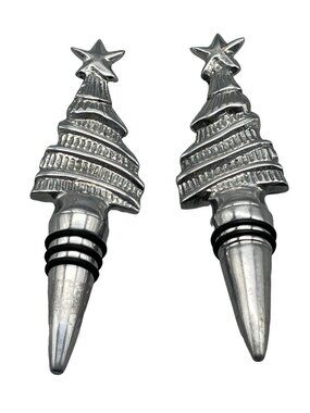 set of 2 silver metal wine corks shaped like Christmas trees with star 6" READ